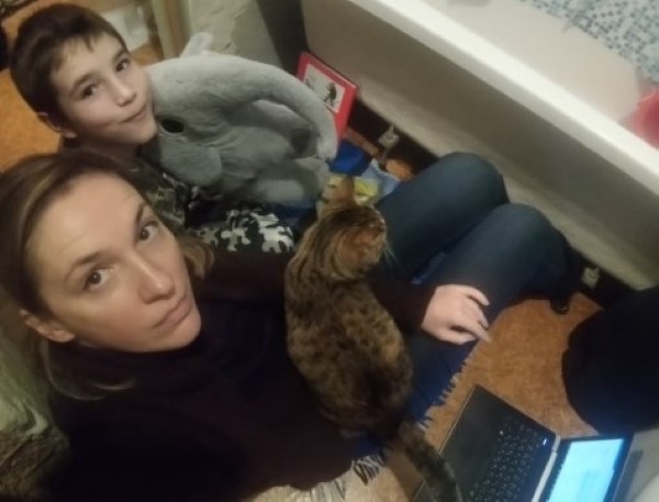 Tatiana, son and cat in Ukraine
